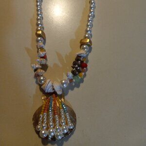 Beachy pearl necklace with seed-bead fishhook earrings in pastel colors